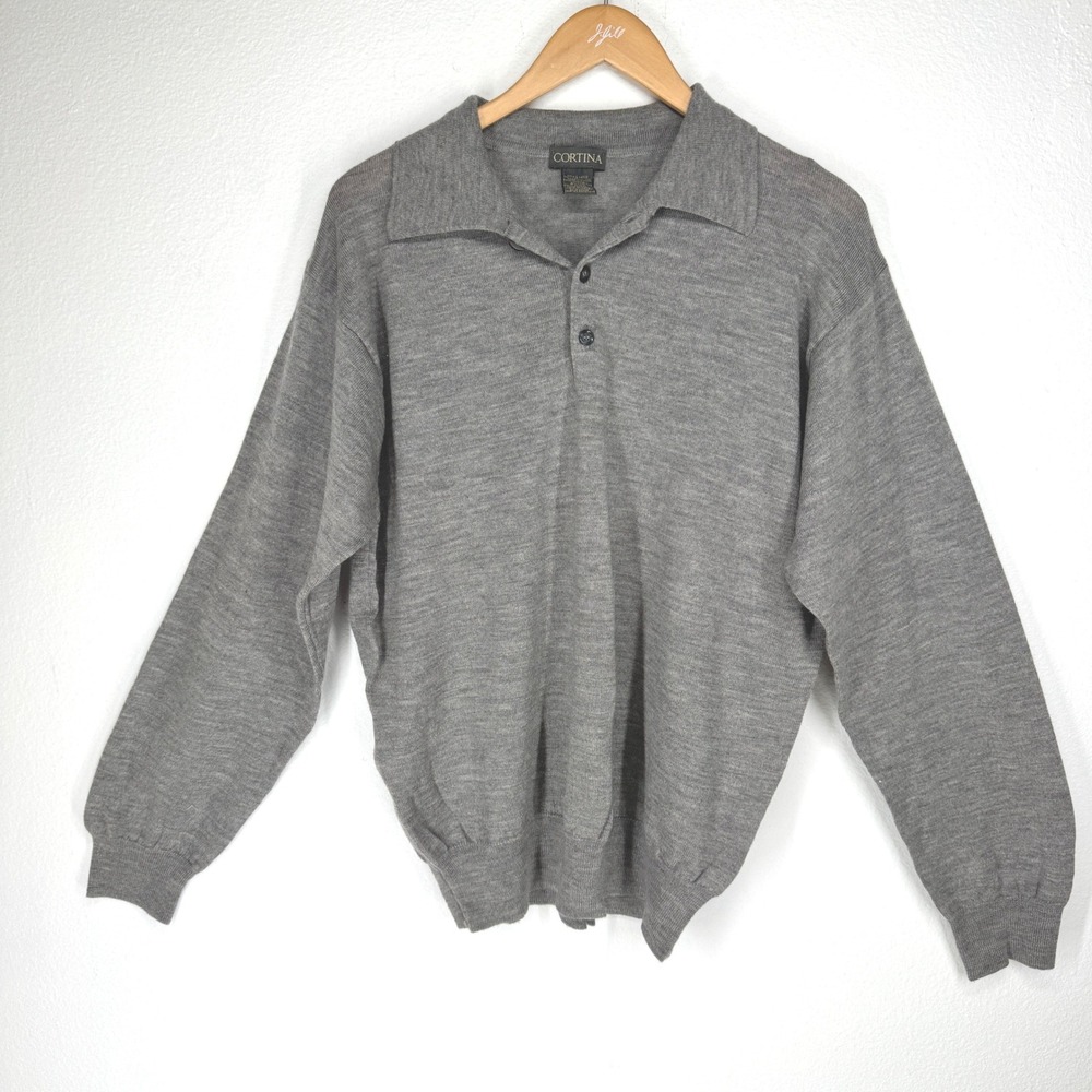 Cortina Italia Mens Merino Wool Polo Sweater Large Gray Casual Work Capsule Base